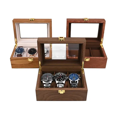 Triple Slot Wooden Watch Display Box Storage Organizer Case With Transparent Glass Window And Golden Metal Clasp For Collection