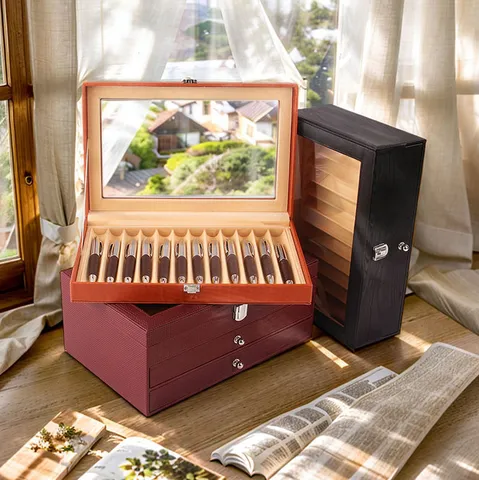 PU Leather Fountain Pen Display Box Transparent Window Pen Storage Organizer Case With Metal Lock For Office Desk