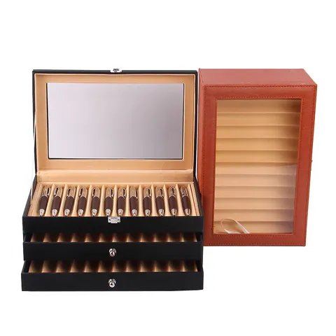 PU Leather Fountain Pen Display Box Transparent Window Pen Storage Organizer Case With Metal Lock For Office Desk