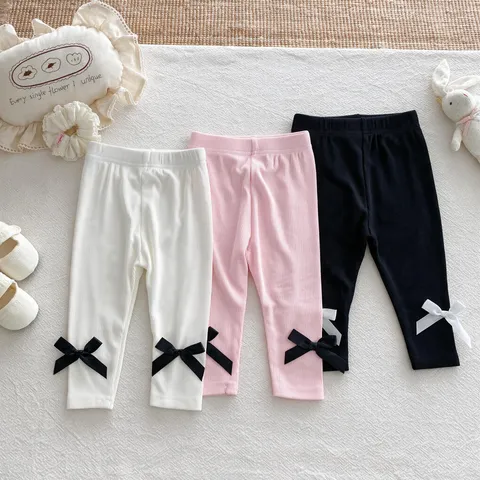 Baby Girls Ribbed Leggings High Elastic Toddler Cotton Pants Korean Style Bowknot Bow Solid Color Slim Fit Tights Bottoms