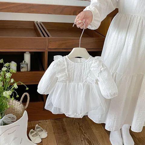 Baby Girl Princess Romper Dress Infant Long Sleeve Lace Embroidery Tutu Bodysuit For Newborn Birthday Autumn Cotton Clothes