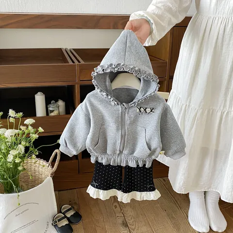 Infant Toddler Girls Casual Cotton Hooded Jacket Sweet Ruffle Trim Zipper Hoodie Long Sleeve Autumn Outerwear Grey Top