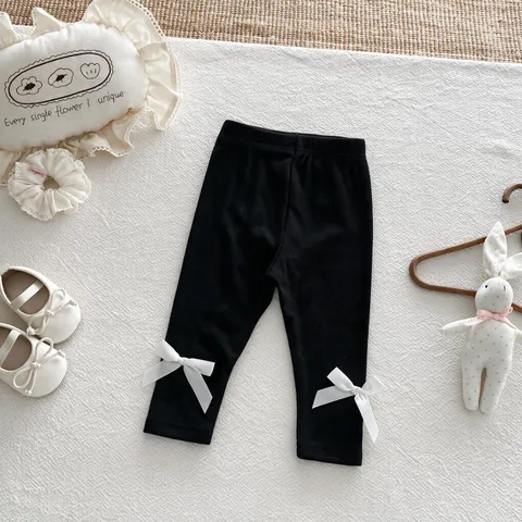 Baby Girls Ribbed Leggings High Elastic Toddler Cotton Pants Korean Style Bowknot Bow Solid Color Slim Fit Tights Bottoms