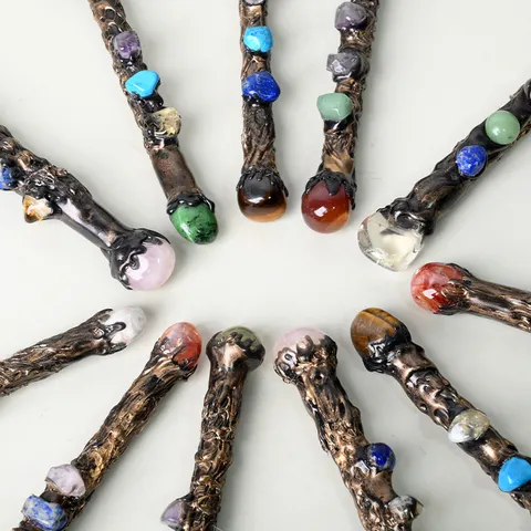 Handmade Vintage Natural Crystal Magic Wand Single Point Scepter Resin Metal Ritual Collectible Prop Ornament