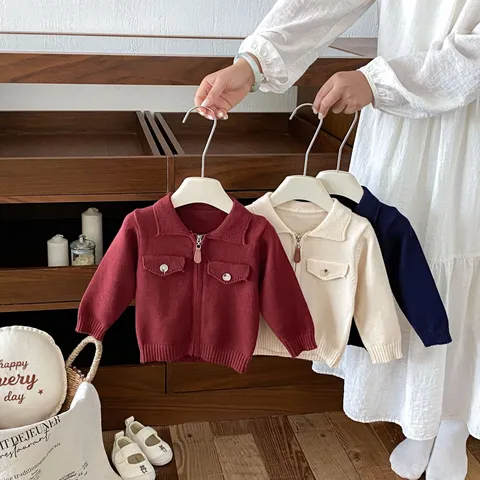 Baby Infant Knit Cardigan Outerwear Unisex Long Sleeve Zip Up Polo Collar Solid Color Fall Sweater Top