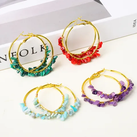 Natural Crushed Stone Hoop Earrings Handmade Wire Wrapped Crystal Stainless Steel Circular Vacation Jewelry For Women