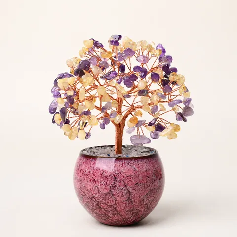Arbre en Cristal Citrine Améthyste Plante en Pot Décoration de Bureau à Domicile Bureau Ornement Feng Shui Artisanat