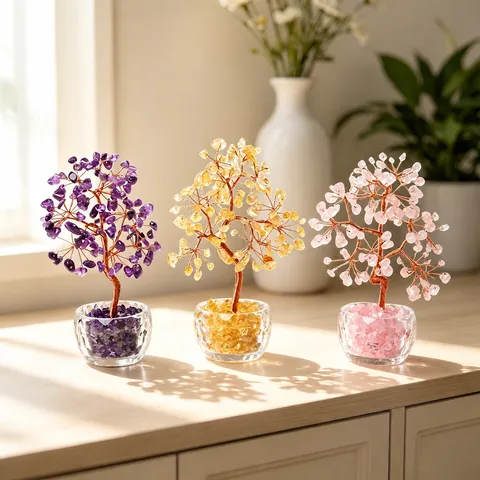 Arbre à Argent en Cristal Naturel Citrine Améthyste Base en Verre Arbre de Pierre Précieuse Feng Shui Décoration de Table pour Maison et Bureau