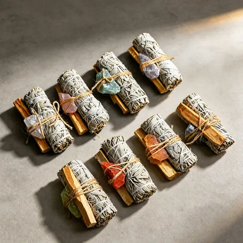 Natürliches Weißer Salbei Und Palo Santo Räucher-Set Mit Kristallstein Heilung Meditation Energiereinigung Heimdekoration Geschenk