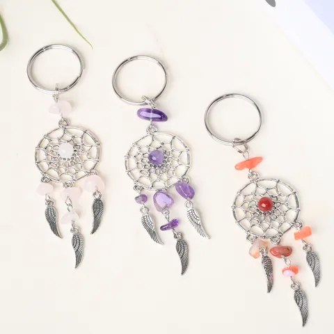 Natural Crystal Gravel Dream Catcher Keychain Tassel Feather Metal Alloy Bag Pendant Car Key Ring Jewelry Gift