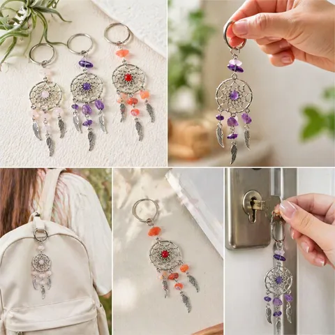 Natural Crystal Gravel Dream Catcher Keychain Tassel Feather Metal Alloy Bag Pendant Car Key Ring Jewelry Gift