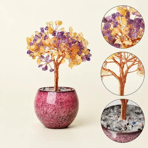 Ornement Arbre à Argent en Cristal Naturel Feng Shui Arbre de Richesse Décoration de Bureau Cadeau