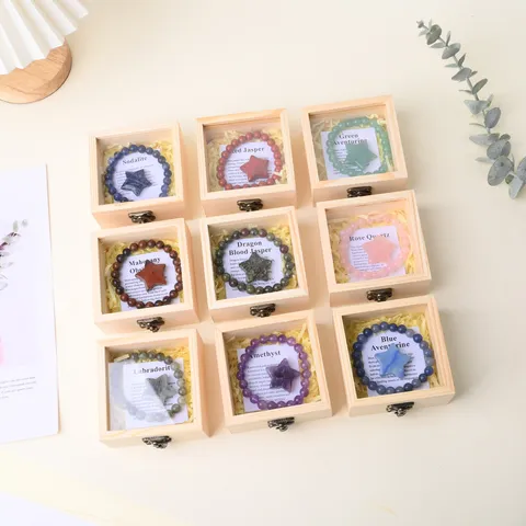 Natural Crystal Bracelet Pentagram Figurine Set With Wooden Storage Box Healing Stone Crystal Gift Set For Home Decor