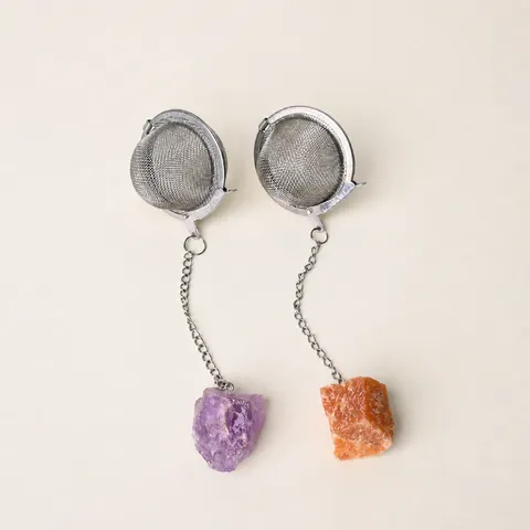 Stainless Steel Crystal Rough Stone Tea Strainer Loose Leaf Tea Filter With Natural Mineral Stone Pendant