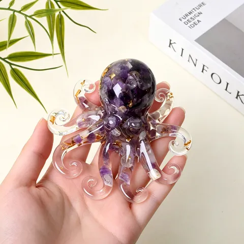 Crystal Gravel Resin Epoxy Cute Octopus Figurine Desktop Ornament Office Home Decor Natural Crystal Stone Animal Statue
