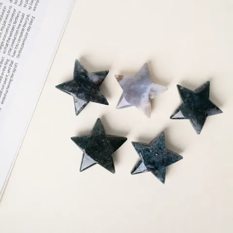 Natural Moss Agate Pentagram Ornament Crystal Star Shaped Stone Decoration Home Decor Collectible Healing Stone