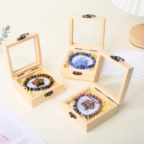 Natural Crystal Bracelet Pentagram Figurine Set With Wooden Storage Box Healing Stone Crystal Gift Set For Home Decor