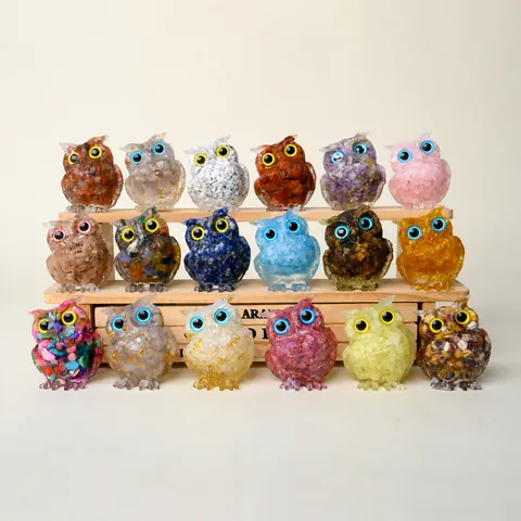 Natural Crystal Gravel Owl Figurine Epoxy Resin Animal Statue Ornament Home Car Tabletop Decor Modern Minimalist Gift