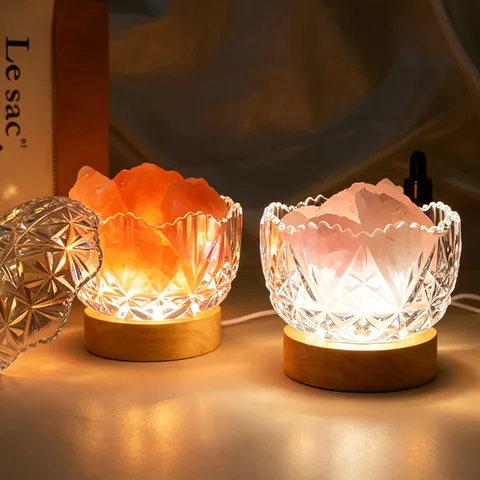 Lampada Diffusore di Aroma in Pietra di Cristallo Naturale Illuminazione Ambientale USB CIotola di Vetro Base in Legno Decorazione per la Casa Scatola Regalo