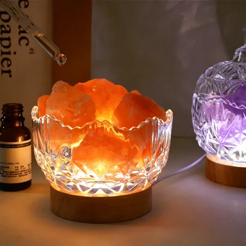 Lampada Diffusore di Aroma in Pietra di Cristallo Naturale Illuminazione Ambientale USB CIotola di Vetro Base in Legno Decorazione per la Casa Scatola Regalo