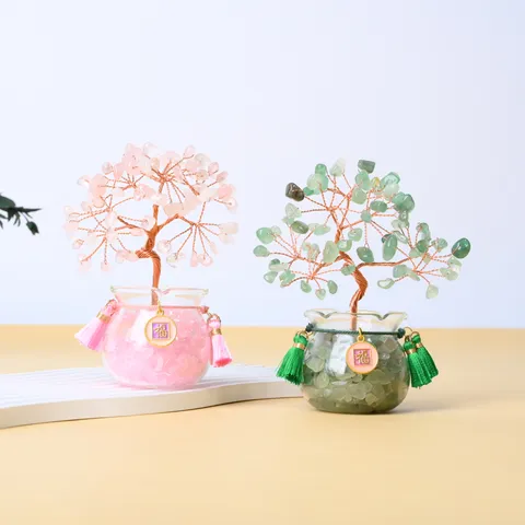 Natural Crystal Money Tree Feng Shui Bonsai Wealth Tree Ornament With Glass Base Desktop Car Decor