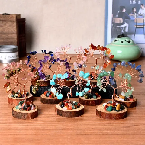 Natural Crystal Stone Tree Money Tree Handmade Wire Wrapped Life Tree Wood Base Home Office Desk Decor Ornament