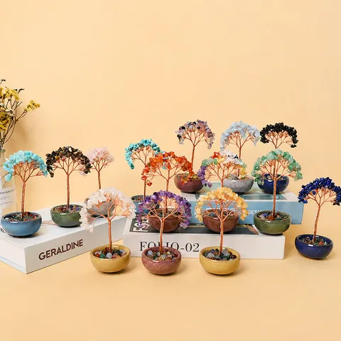 Natural Crystal Stone Money Tree Feng Shui Wealth Figurine Handmade Gemstone Bonsai Tree Desk Ornament Home Decor Gift