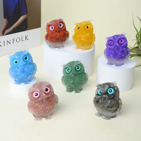 Crystal Gravel Resin Owl Figurine Cute Animal Statue Creative Desktop Ornament Home Living Room Kids Desk Decor