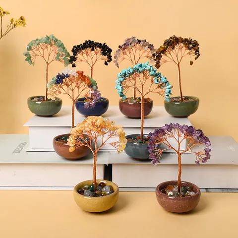 Natural Crystal Stone Money Tree Feng Shui Wealth Figurine Handmade Gemstone Bonsai Tree Desk Ornament Home Decor Gift