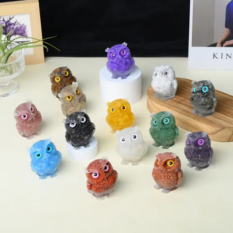 Crystal Gravel Resin Owl Figurine Cute Animal Statue Creative Desktop Ornament Home Living Room Kids Desk Decor