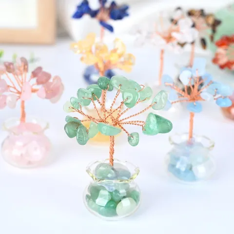 Natuurlijke Kristalsteen Geld Boom Ornament Mini Edelsteen Genezende Boom Glazen Basis Feng Shui Desktop Decor