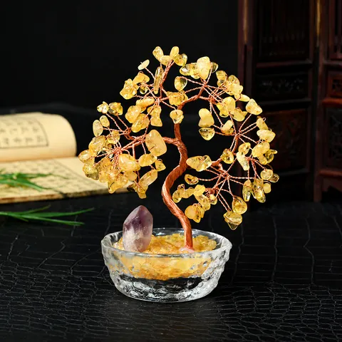 Natural Citrine Money Tree Crystal Wealth Tree Feng Shui Bonsai Tree With Glass Base For Office Home Desktop Decor Gift