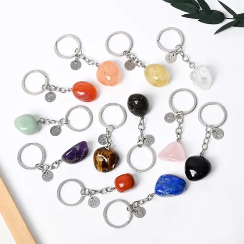 Natural Crystal Tumble Stone Keychain Zodiac Sign Metal Key Ring Car Bag Hanging Pendant Gift Jewelry