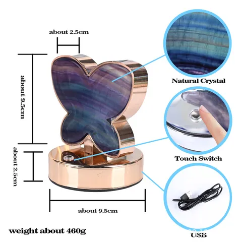 Lampada a Farfalla in Cristallo Naturale Luce Ambientale Tattile Pietra Grezza Luce Notturna da Comodino Alimentata tramite USB Decorazioni per la Casa
