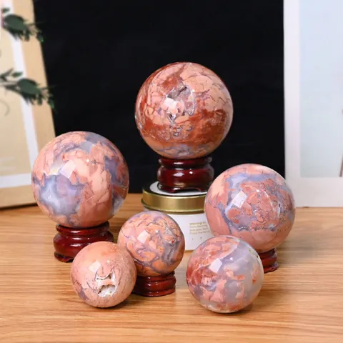 Natural Cherry Blossom Agate Crystal Ball Healing Stone Sphere Home Office Desk Decor Ornament