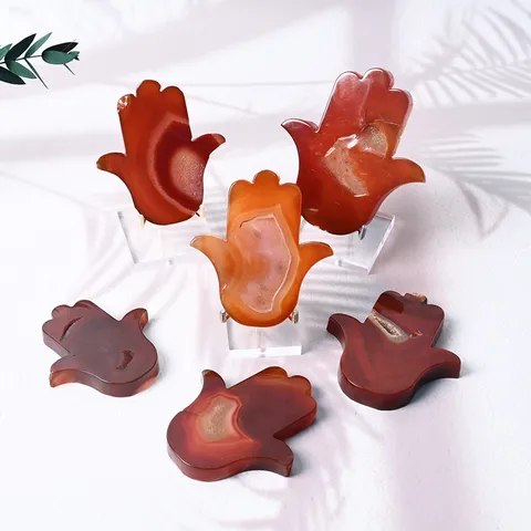 Natural Red Agate Geode Palm Crystal Raw Stone Polished Carved Hamsa Hand Home Decor Energy Supplies