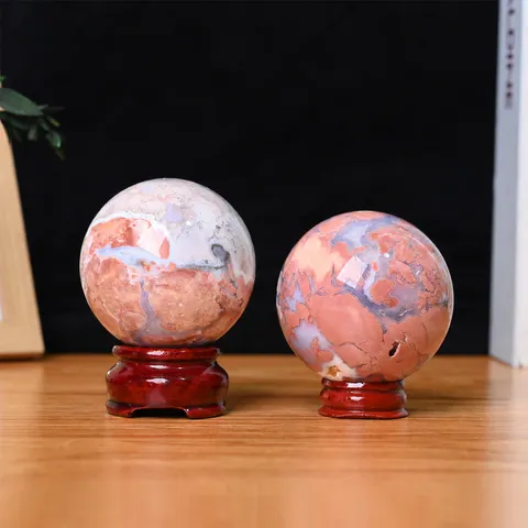 Natural Cherry Blossom Agate Crystal Ball Healing Stone Sphere Home Office Desk Decor Ornament