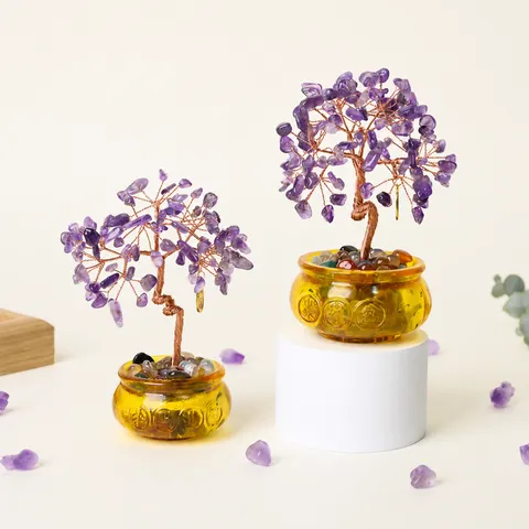 Arbre à Argent en Améthyste Violette Naturelle Base de Cornucopie Arbre de Richesse Feng Shui Décoration de Bureau Maison Cadeau