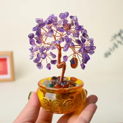 Arbre à Argent en Améthyste Violette Naturelle Base de Cornucopie Arbre de Richesse Feng Shui Décoration de Bureau Maison Cadeau