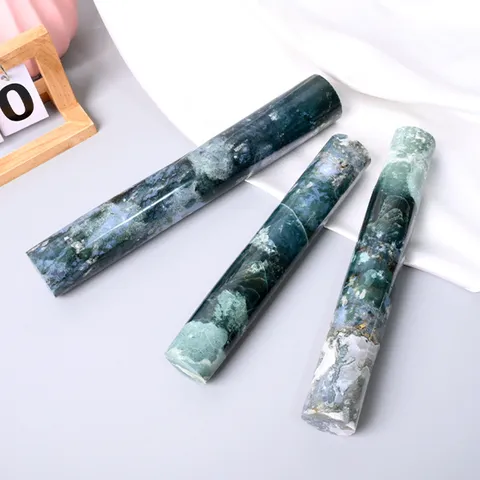 Natural Moss Agate Cylindrical Ornament Raw Stone Energy Pillar Crystal Craft For Home Office Decor Healing Stone