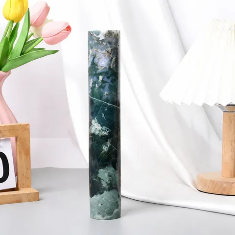 Natural Moss Agate Cylindrical Ornament Raw Stone Energy Pillar Crystal Craft For Home Office Decor Healing Stone