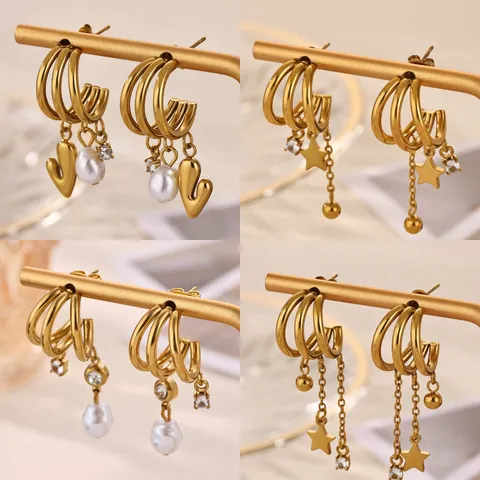 Stainless Steel 18k Gold Plated Multi-Layer C-Shape Tassel Earrings With Imitation Pearl Star And Zirconia For Women Jewelry