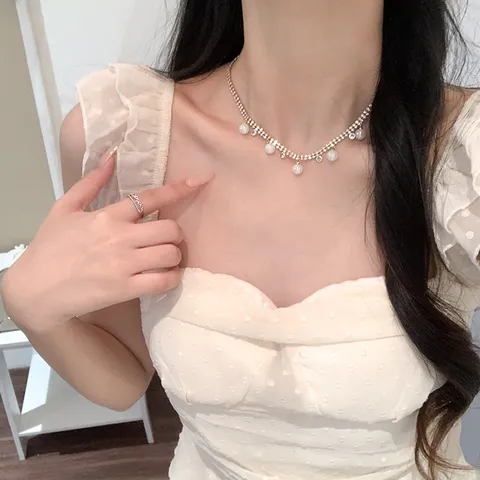 Korean Style Stainless Steel Rhinestone Artificial Pearl Pendant Necklace Minimalist Chic Clavicle Chain Jewelry