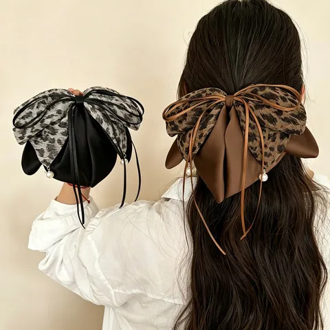 Leopardenmuster Schleife Haarkralle Mit Künstliche Perle Quaste Französischer Vintage Pferdeschwanz Clip Stoff Haarschmuck