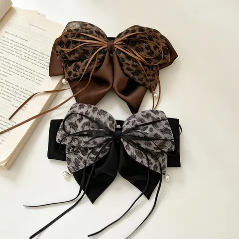 Leopardenmuster Schleife Haarkralle Mit Künstliche Perle Quaste Französischer Vintage Pferdeschwanz Clip Stoff Haarschmuck