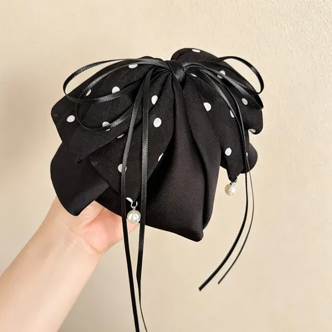 Französisch Retro Polka Dot Schleife Haarkralle Mit Langen Bändern Und Künstlichen Perlenanhängern Eleganter Stoff Hai Clip Pferdeschwanz Haarschmuck Für Damen