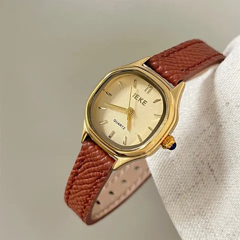 Elegant Polygon Dial Women's Quartz Watch With Faux Leather Strap Gold Case Bar Markers Vintage Style Lady Wristwatch