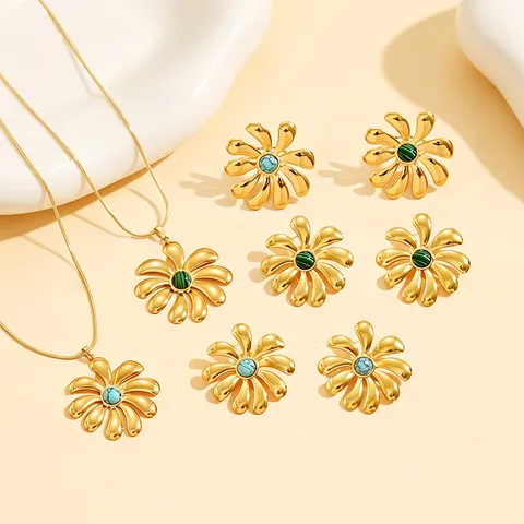 Lussuoso Set di Gioielli a Fiore in Acciaio Inossidabile per Donna Placcato Oro 18K Sottovuoto Collana Orecchini Anello con Pietra Naturale
