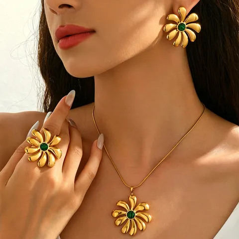 Lussuoso Set di Gioielli a Fiore in Acciaio Inossidabile per Donna Placcato Oro 18K Sottovuoto Collana Orecchini Anello con Pietra Naturale