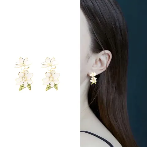 Elegant Gold Plated Enamel Gardenia Flower Stud Earrings With 925 Sterling Silver Earring Post Sweet Fresh Double Layer Floral Dangle Earrings For Women Jewelry Gift